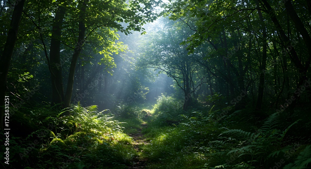 Obraz premium Enchanting woodland scenery nature photography with sun rays and green foliage stock image for websites
