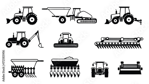 Tractors and Farming Machinery for Field Work Black Silhouettes. Including tractor, farm, agriculture, machinery, farming vector illustration. 