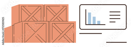 Stacked warehouse crates beside a data analytics chart screen with a bar graph and text. Ideal for logistics, supply chain, inventory tracking, data analysis, e-commerce, business management