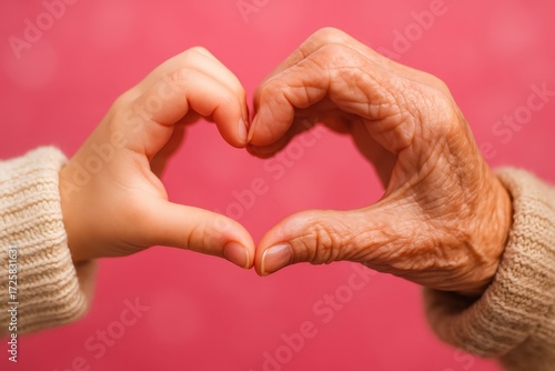Generational love heart hands connection between child and elderly on pink background