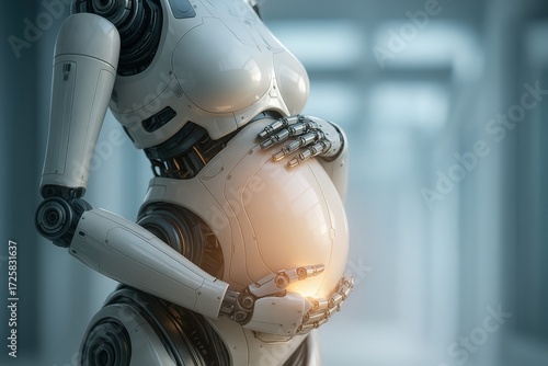 Futuristic pregnant robot artificial intelligence motherhood with glowing belly