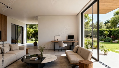 Living room with home office garden view and daylight
