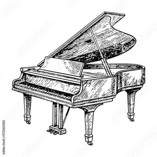 Grand piano illustration in vintage monochrome sketch