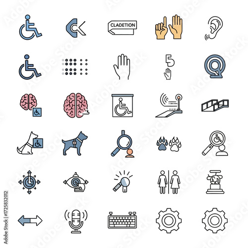 A collection of colorful accessibility icons representing various disabilities and assistive technologies arranged in a grid.