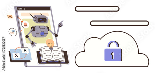 Robot emerging from a smartphone managing translation, learning, and privacy. Features books, apps, padlock, cloud. Ideal for AI, education translation cybersecurity cloud storage technology