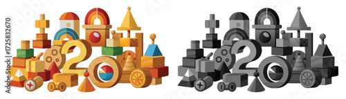 Wooden toy blocks forming structures with numbers and a rainbow shape. Collection building blocks, children's toys, educational toys, play, creativity, imagination, construction, and illustration. 