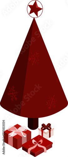 Sapin isométrique rouge avec cadeaux de Noël