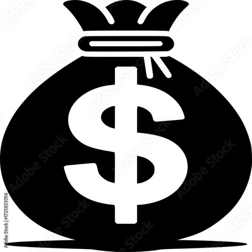 Symbol of Fortune: A bold, black and white illustration of a money bag, a symbol of wealth and financial success. A simple yet powerful depiction of fortune and investment.