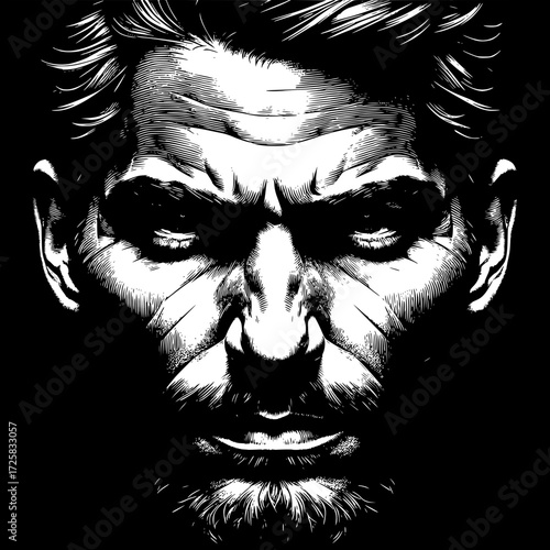 Intense Gaze: A striking, high-contrast monochrome portrait focuses on the intense expression and rugged features of a man, his gaze commanding attention.