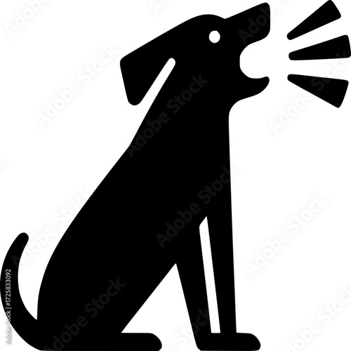 Silhouette of a Barking Canine: A bold, minimalist silhouette of a domestic canine in a sitting position, rendered in black. The canine is barking out with stylized sound waves.