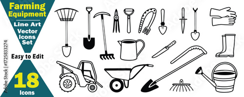 Farming Equipment Line Art Vector Icons Set.  Tractor and Garden Tools wheelbarrow, shovel, spade, rake, fork, hoe, watering can, bucket, gloves, boots, garden tools, farming illustration. 