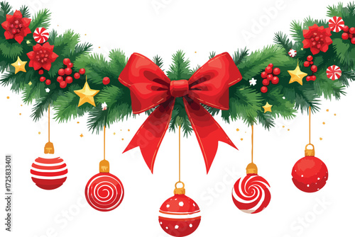 Christmas garland illustration with poinsettias, red bow, golden stars, and hanging baubles — festive holiday decoration
