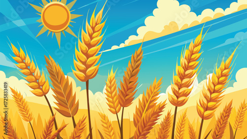 Golden Wheat Field (3). Under a Bright Sun and Blue Sky with Clouds, wheat, field, golden, agriculture, harvest, grain, abundance, agricultural, landscape, clouds, food, harvest, illustration. 