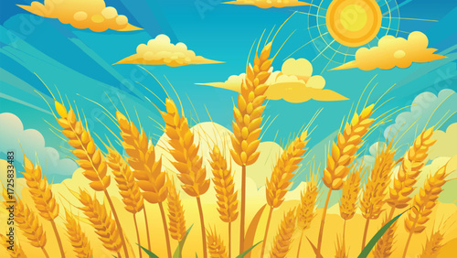 Golden Wheat Field (2). Under a Bright Sun and Blue Sky with Clouds, wheat, field, golden, agriculture, harvest, grain vector illustration. 