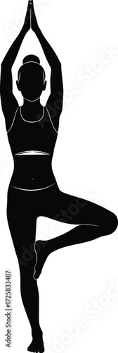 Tree pose silhouette, yoga woman vector, fitness balance illustration, vrikshasana posture, mindfulness art, athletic female, wellness concept, meditation design