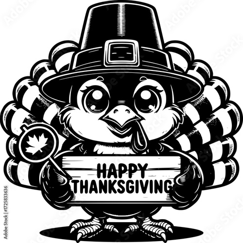 Thanksgiving Turkey: A cartoon illustration of a Thanksgiving turkey wearing a pilgrim hat holding a sign that says Happy Thanksgiving in a festive atmosphere, inviting warmth and joy.