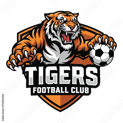 Fierce tigers football club logo with tiger and soccer ball emblem