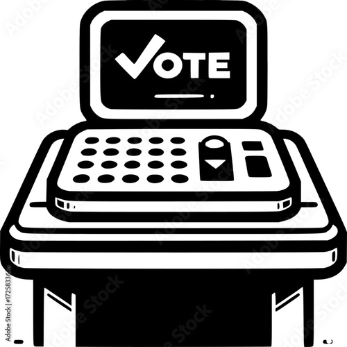 Ballot Box: A stark black and white graphic highlights a modern voting machine, the digital display boldly stating VOTE, illustrating the core of democracy.