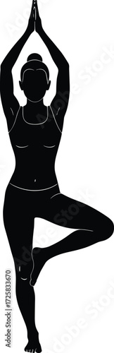 Tree pose silhouette, yoga balance vector, woman in Vrksasana, fitness posture, mindfulness art, meditation clipart, wellness illustration, stock design