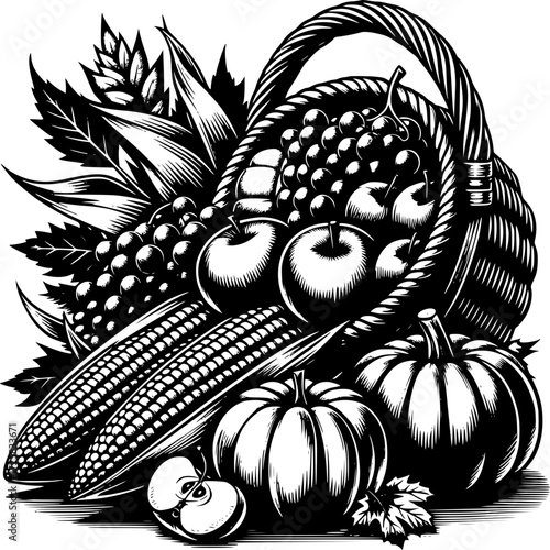 Autumn Harvest Bounty: A detailed illustration of an overflowing harvest basket showcasing a cornucopia of autumn's finest yields, including ripe apples, plump pumpkins, and juicy grapes.