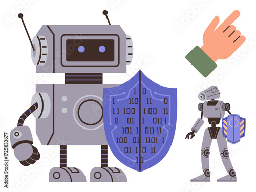 Robot figures holding shields with binary code representing cybersecurity. Highlighting digital safety, data protection, innovation, and advanced technology. Ideal for tech concepts, security