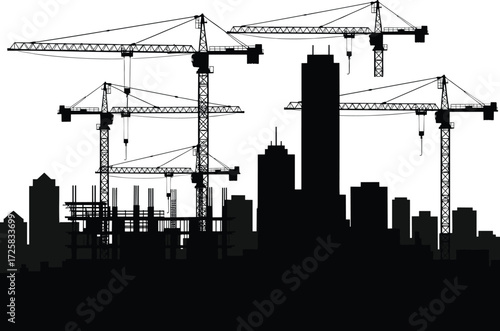 Urban construction silhouette with cranes, modern city skyline, infrastructure development, high-rise buildings, scaffolding, industrial growth, architectural progress, real estate expansion