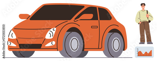 Vibrant orange car with a modern design, a casually dressed man standing nearby, and a chart indicating growth trends. Ideal for automobile industry, personal transport, marketing, data analysis