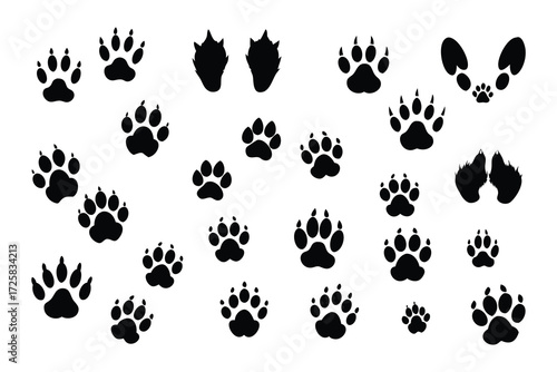 Collection of various animal paw prints and footprints in black ink on a white background for nature and wildlife design