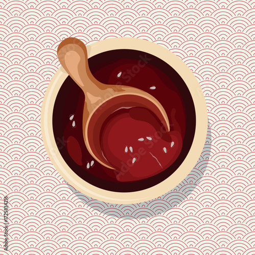 A captivating vector square poster featuring a delicious lunch or breakfast meal rendered in an authentic Asian style. This minimalist and appetizing design is perfect for restaurant menus, food blogs