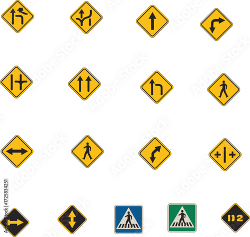 Traffic road signs collection, highway safety symbols, driving education, pedestrian crossing, caution warning signs, transportation guidance, driver training, road safety awareness
