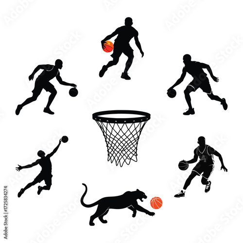Dynamic silhouettes of basketball players in action surrounding a hoop with a panther dribbling