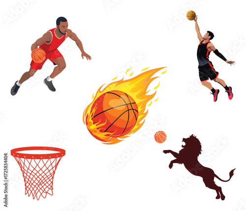 Dynamic basketball collage featuring players in action fiery ball hoop and lion silhouette