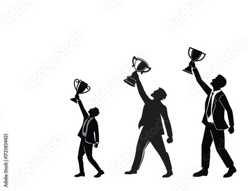 Silhouettes of three businessmen in suits celebrating victory holding up trophies in a progression of size and success