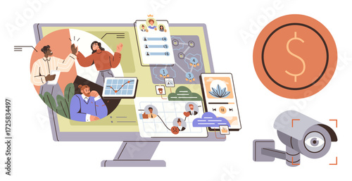 Office workers in discussion, network interface, financial report, and security camera. Ideal for teamwork, data analysis, finance, security workplace efficiency technology management. Simple flat