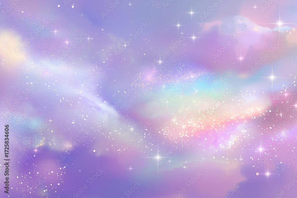 Obraz premium A dreamy, pastel galaxy with swirling clouds and sparkling stars in shades of purple, pink, and blue, evoking a sense of magic and wonder
