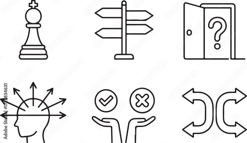 Fototapeta premium Conceptual icons representing choices, directions, and strategic thinking in business or life
