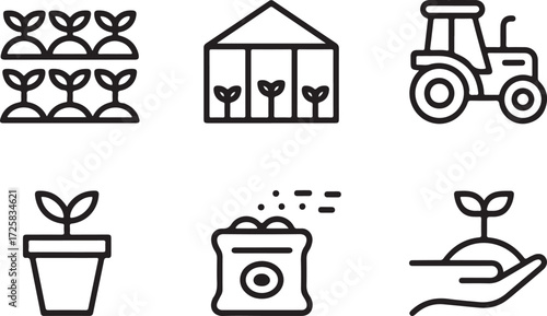 Set of minimalist line art icons illustrating core agricultural themes planting, growing, farming, greenhouses, and cultivation, ideal for contemporary design applications