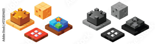 Isometric 3D Game Asset Icons for Castle Building and Strategy Games. Including game assets, isometric, 3d, icons, castle, cube, elements, blocks, components, silver, illustration. 