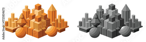 Handcrafted wooden buildings, skyscrapers. These vector pictograms of a modern, futuristic, skyline, development, construction, abstract art, background, pattern, building, illustration. 
