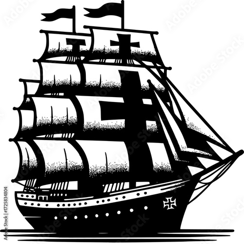 Sailing Ship Silhouette: A majestic sailing ship cuts through the water with billowing sails, capturing the spirit of maritime adventure and historical voyages.