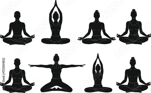 Yoga silhouette vector set, meditation poses, stretching exercise, wellness illustration, calm body posture, fitness balance, mindfulness, healthy lifestyle, stock art