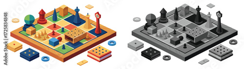 Handcrafted wooden Isometric Chess Board Game. These vector pictograms of challenge, logic, thinking, fun, recreation, tabletop game, family game, classic game, and illustration. 