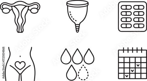 A clean, modern set of vector icons representing the menstrual cycle, feminine hygiene, and women's health topics