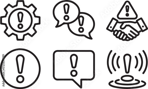 Collection of minimalist line art warning and alert icons for digital interfaces, symbolizing system errors, critical notifications, and important attention-grabbing messages
