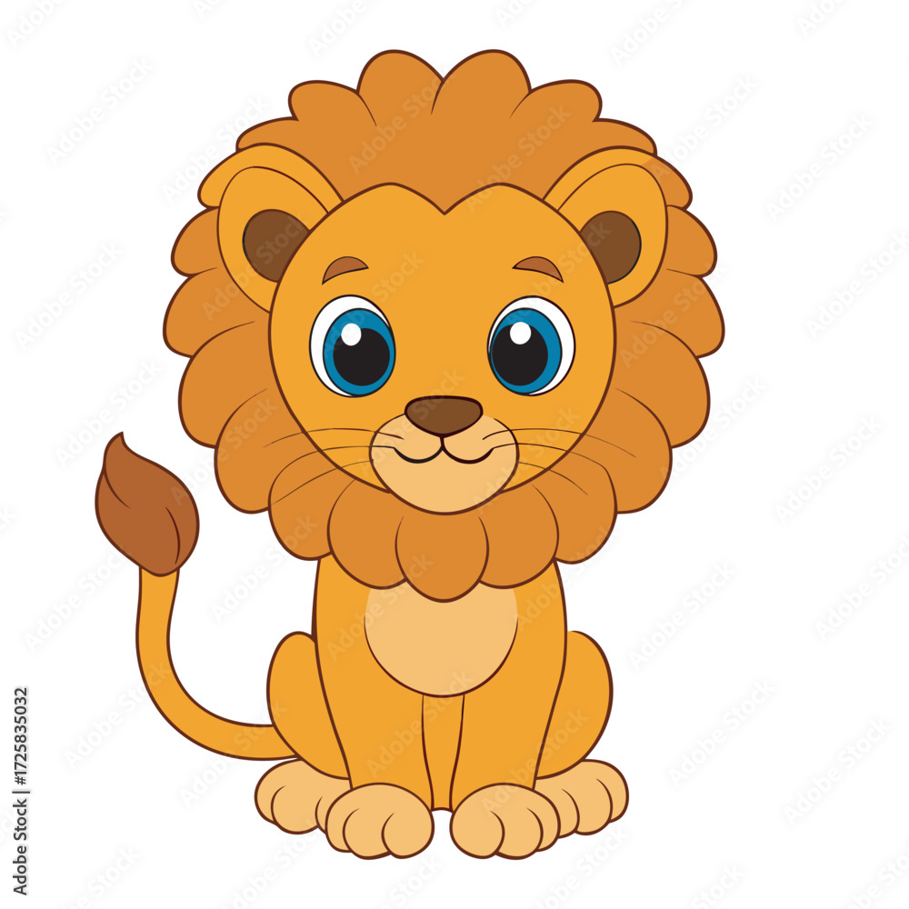 Fototapeta premium Cartoon lion cub with blue eyes sitting, cute