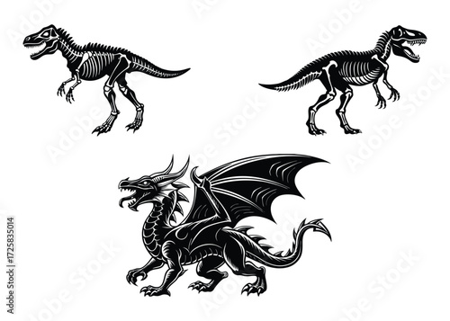 Illustrations of a mythical dragon and two dinosaur skeletons in a dark gothic skeletal and ancient style