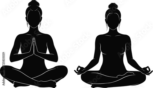 Yoga silhouette, meditation pose, mindfulness vector, seated woman, spiritual calm, wellness illustration, mudra gesture, peaceful energy, cross-legged position, inner balance