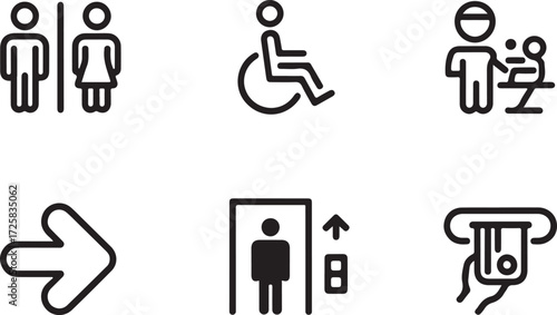 A clean vector illustration set of six minimalist public facility icons for wayfinding and information signs