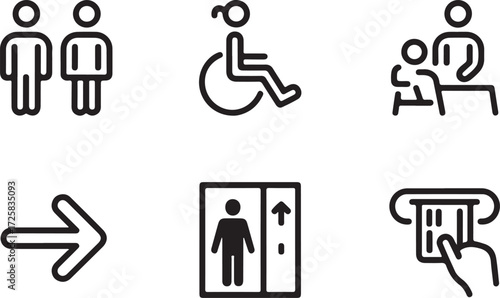 Minimalist line art icons essential public navigation and service symbols. Features restrooms, accessibility, elevators, arrows, and ATM for modern informational design