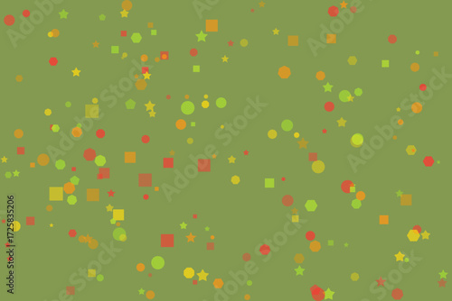 Scattered colorful geometric shapes on a muted green background abstract circle